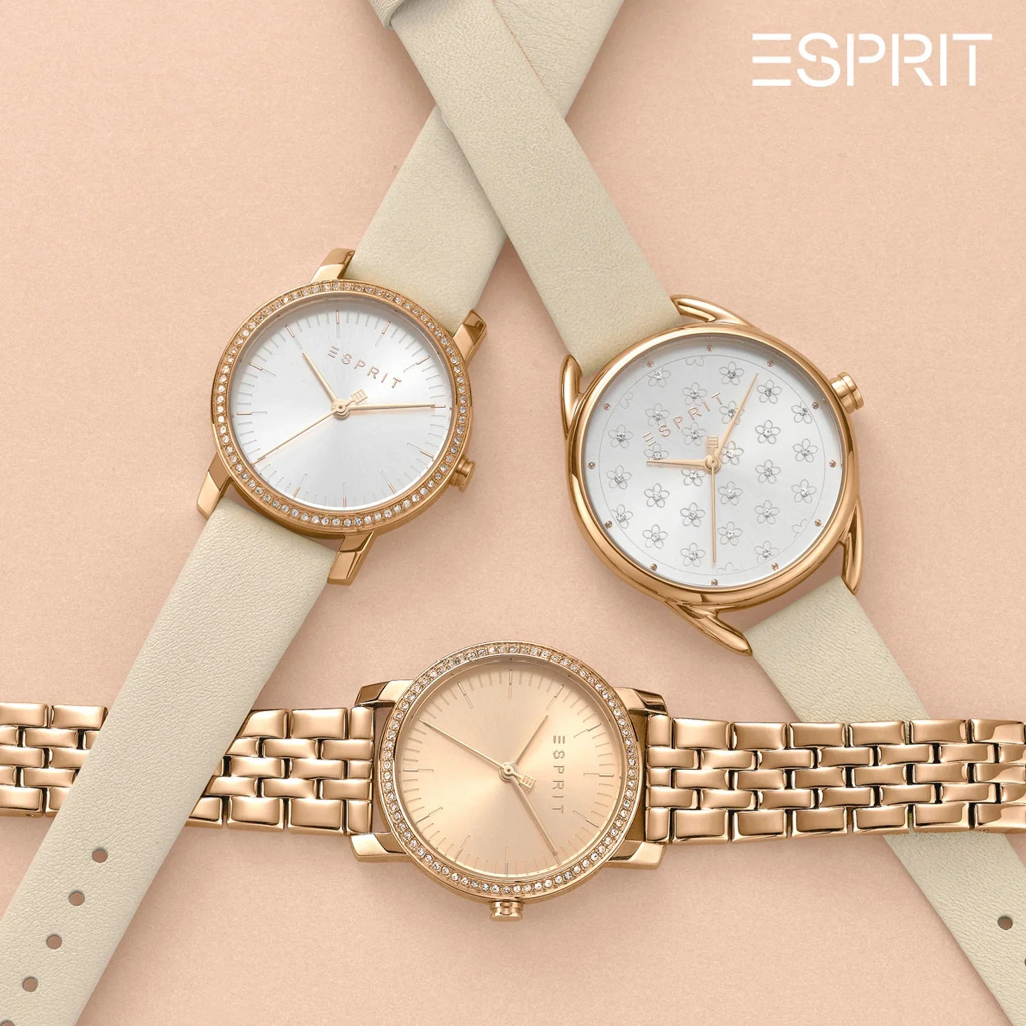 Esprit Women's Beige Leather Watch, Silver Dial | Es1l196m0045