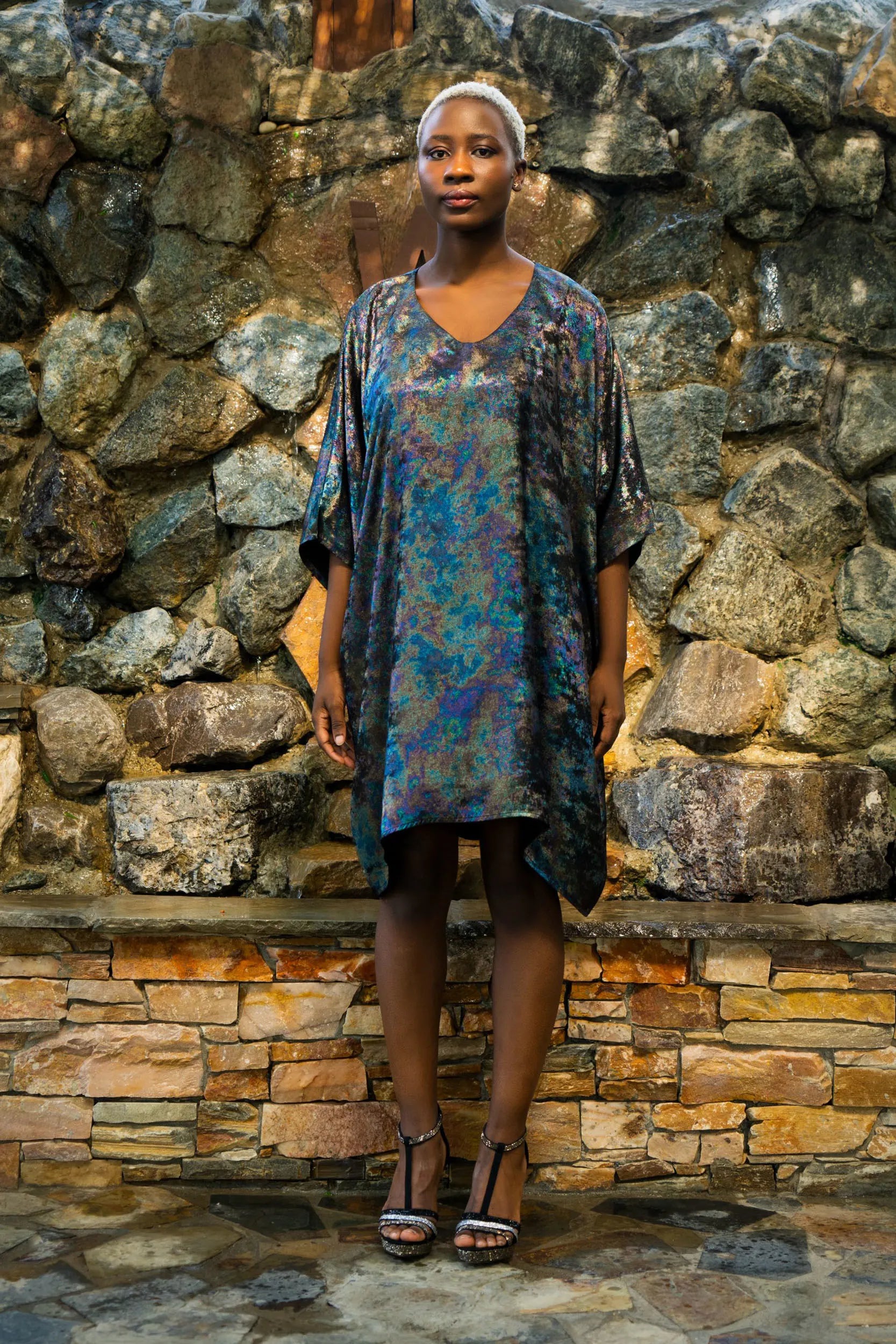 Shadow Of Sequin Shimmer Short Kaftan Dress - Rainbow Black Party Dress