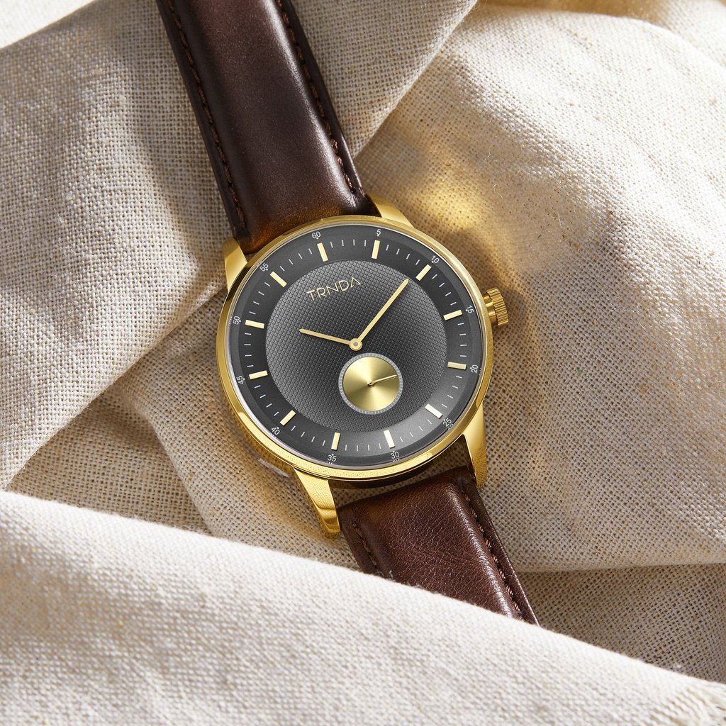 Trnda Men's Stainless Steel Gold Watch, Brown Leather | Trnda-43g