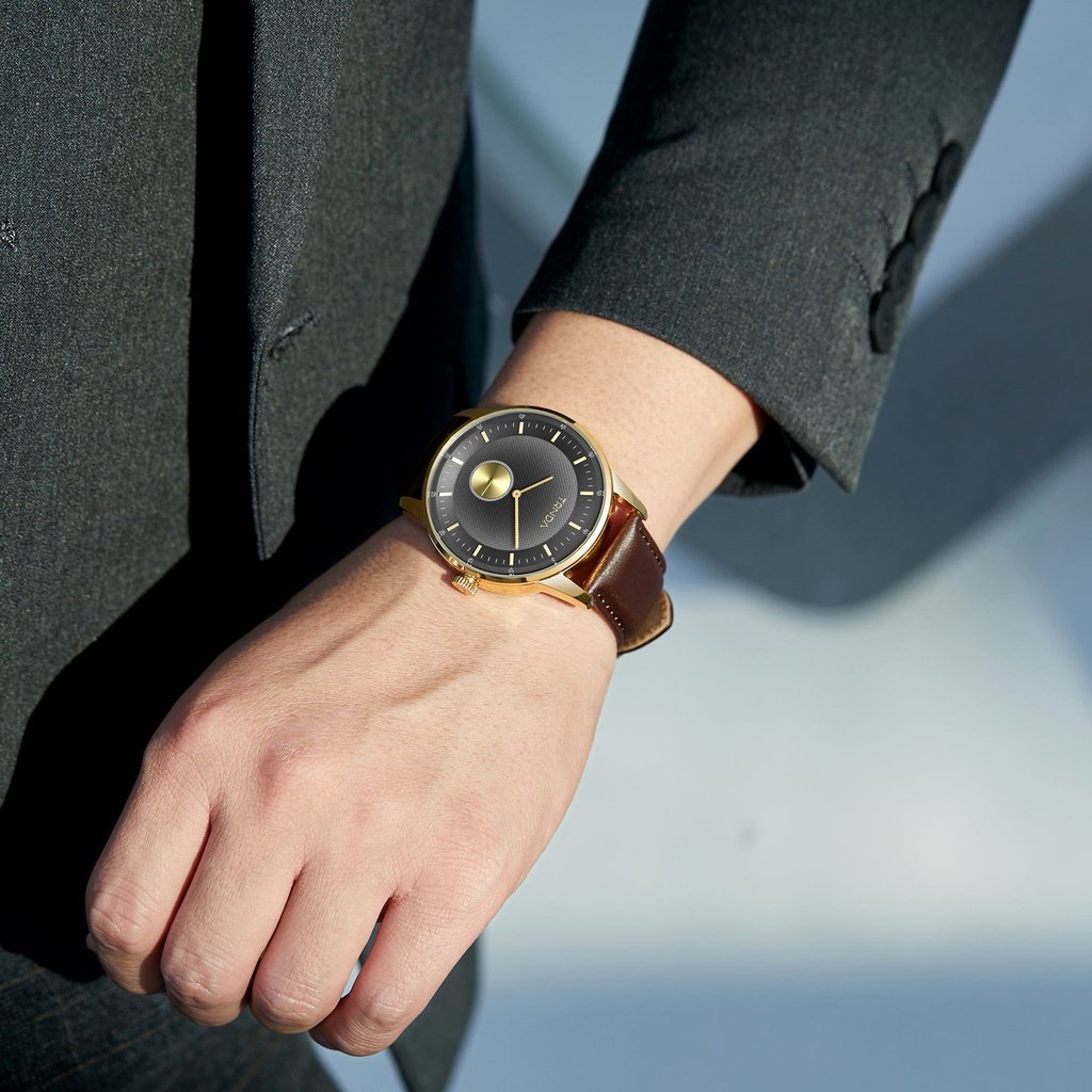 Trnda Men's Stainless Steel Gold Watch, Brown Leather | Trnda-43g
