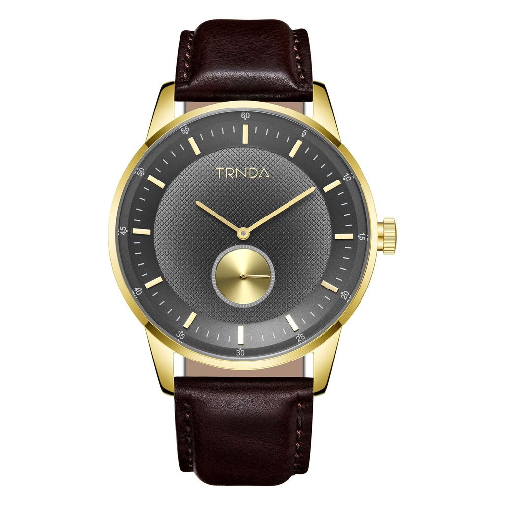 Trnda Men's Stainless Steel Gold Watch, Brown Leather | Trnda-43g