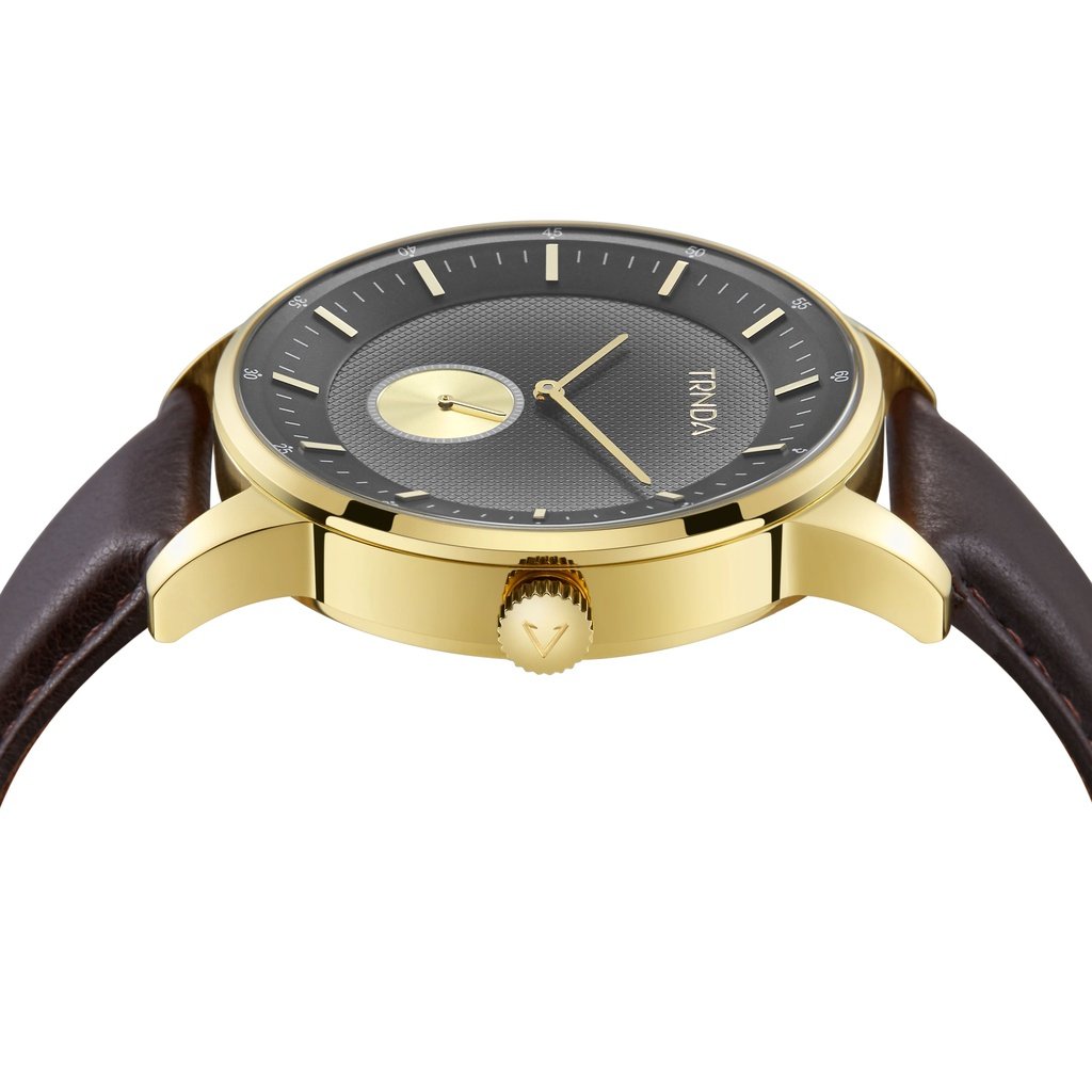 Trnda Men's Stainless Steel Gold Watch, Brown Leather | Trnda-43g